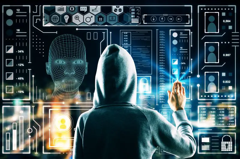 Hacker Using Abstract Glowing Head Outline Interface On Dark Blurry Night City Background