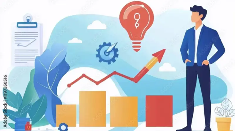 Business growth concept with businessman looking at rising bar chart and arrow, innovation lightbulb, strategy icons, analytics illustration.