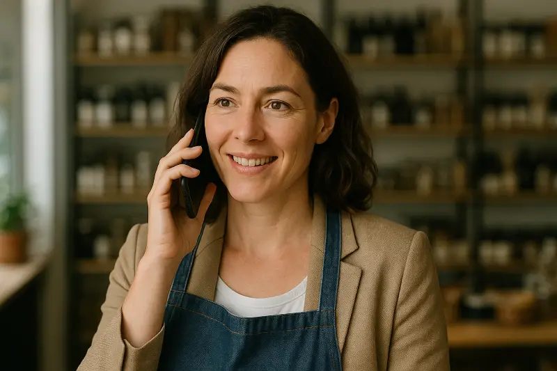 A woman in an apron is talking on the phone.