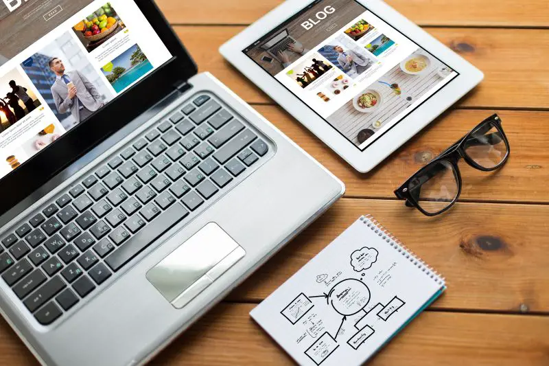 Media, Internet, Business And Technology Concept - Close Up Of Blog Web Page On Laptop Computer