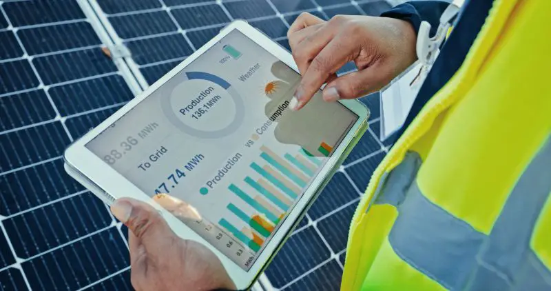 Person, hands and engineer with tablet screen for solar panel graph