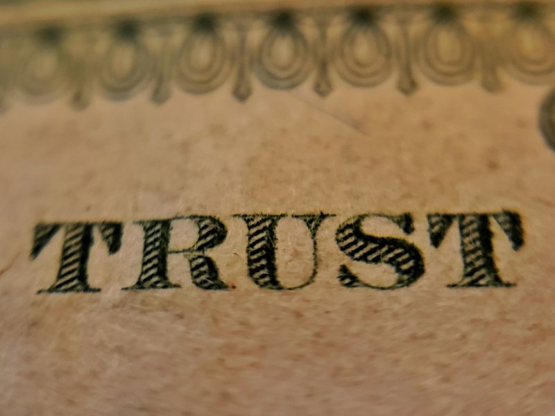 Close-up macro photograph of the word “TRUST” printed in black ink on textured paper, resembling part of a banknote, with decorative border details visible at the top edge.