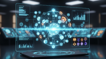 Holographic AI data visualization of SEO and website management insights.