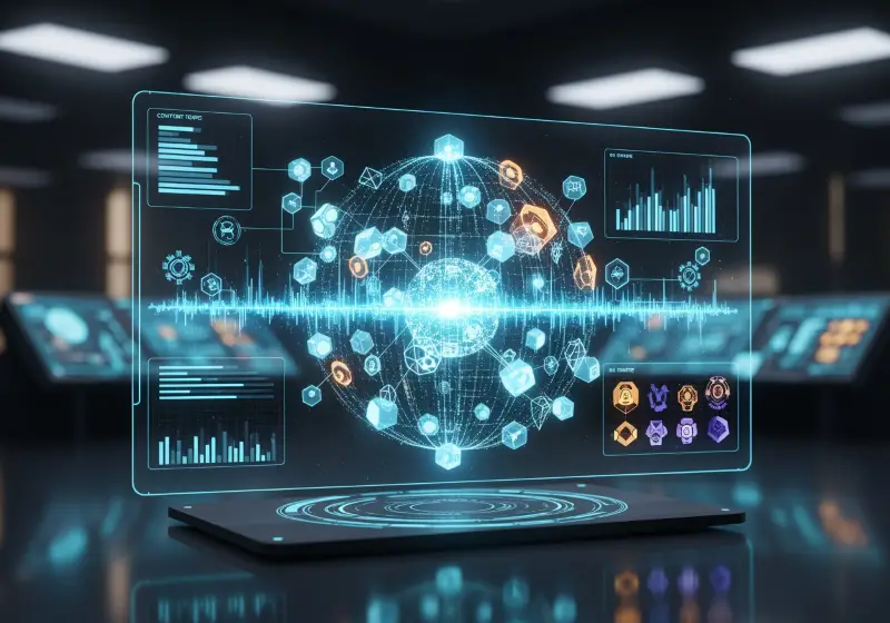 Holographic AI data visualization of SEO and website management insights.