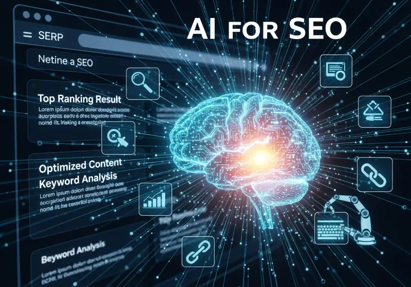 Digital illustration of an AI brain over SEO tools and search interface.
