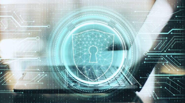 Close up of laptop with digital padlock. Safety and protection concept. Multiexposure