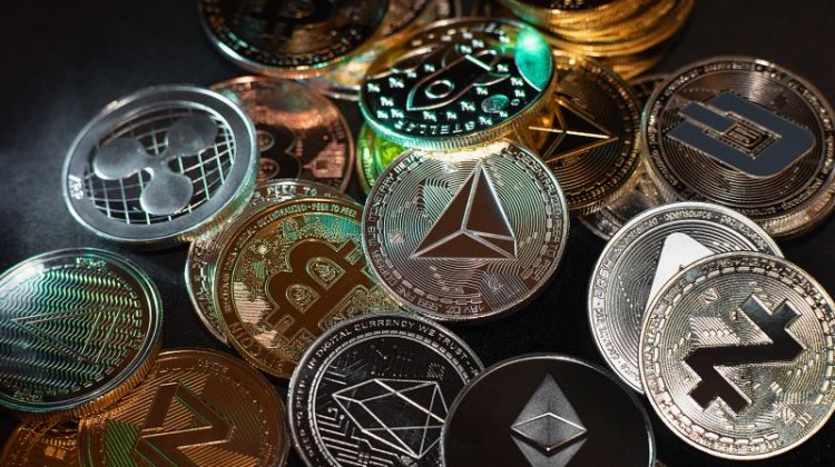 Close up shot of cryptocurrency coins