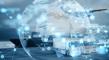 Abstract Glowing Blurry Global Delivery Scheme Hologram On Transport Dock Background. Logistics And Transportation