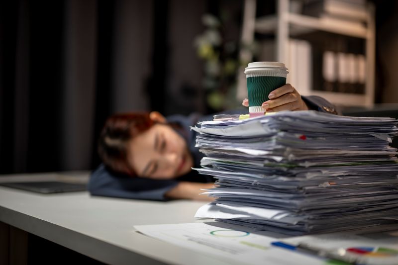 A woman is sleeping on a desk with a pile of papers and a cup of coffee. The scene suggests that she is working late and is exhausted