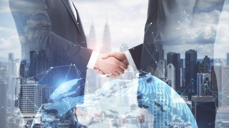 Businessmen Shaking Hands On Bright White City Background With Globe And Polygonal Connections