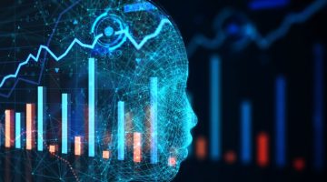 An abstract wireframe face profile overlaid with financial data points creates a futuristic scene.