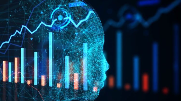 An abstract wireframe face profile overlaid with financial data points creates a futuristic scene.