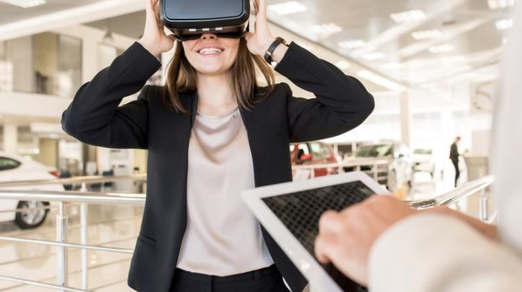 Woman Experiences Virtual Reality in Modern Car Showroom