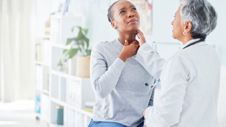 Patient, doctor and hospital for sore throat of woman for virus, pain or infection. Healthcare work