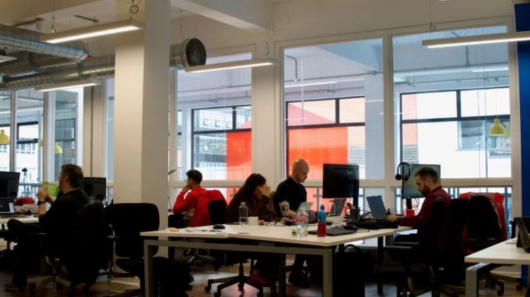 Office team working at desks in a modern workspace