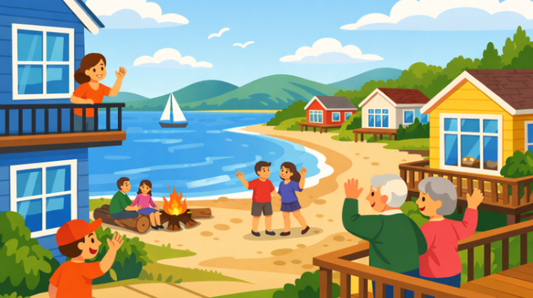 Illustration of a cheerful waterfront community scene with families and neighbors socializing near colorful beach houses, a campfire on the shore, and a sailboat on calm blue water under a sunny sky.