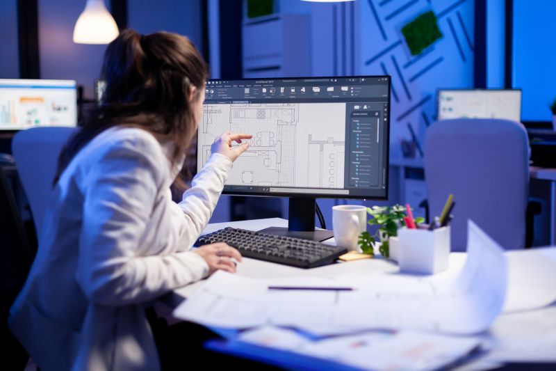 Woman Architect Working on Blueprint Design at Night