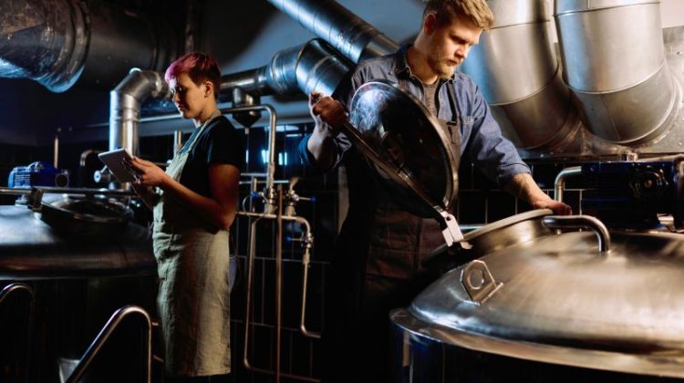 Brewery Workers Inspecting Equipment Inside Industrial Plant