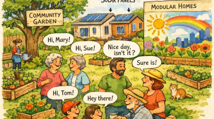 Drawing of a community of people in the garden saying hello to each other.