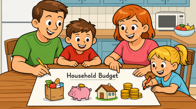 Cartoon family gathered around a table reviewing a household budget chart with icons for groceries, savings, housing, and money management.