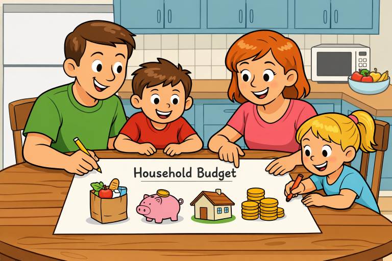 Cartoon family gathered around a table reviewing a household budget chart with icons for groceries, savings, housing, and money management.