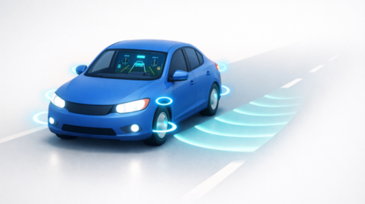 Blue modern sedan driving on a highway with advanced driver-assistance system sensors and autonomous driving technology visualization.