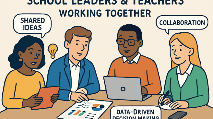 Illustration of school leaders and teachers collaborating with shared ideas, collaboration, and data-driven decision-making.