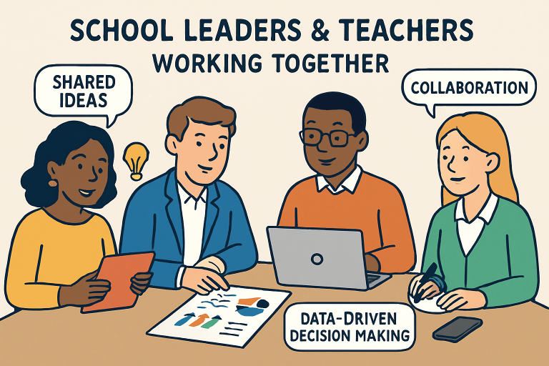 Illustration of school leaders and teachers collaborating with shared ideas, collaboration, and data-driven decision-making.