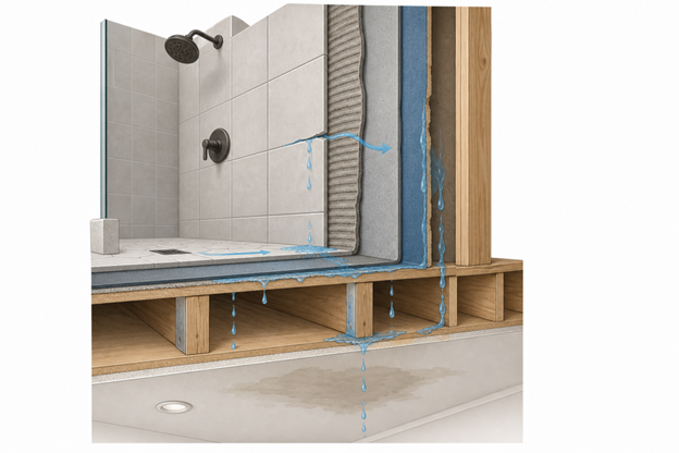 How water moves once it gets past the grout: behind the tiles, along the studs, through the joists, into the ceiling below.