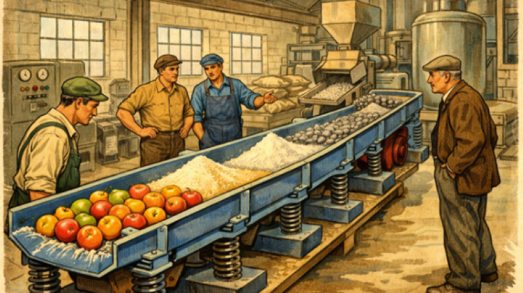 Industrial workers operating a vibratory conveyor system handling apples, powders, and bulk materials in a modern manufacturing facility.