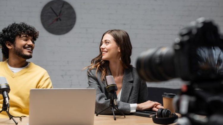 Podcast Recording with Man and Woman in Studio