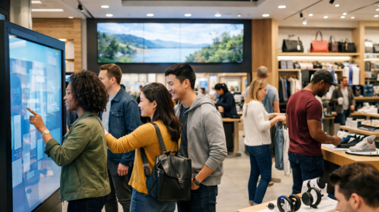 Large touchscreens transform passive shopping into active exploration by allowing customers to view products and promotions instantly.