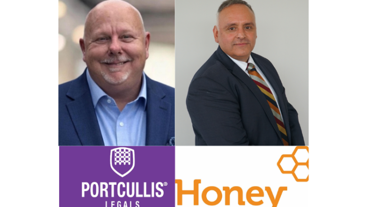 Portraits of Honey Legal CEO Al Gardiner and Portcullis founder Trevor Worth alongside the Honey Legal and Portcullis logos, marking their formal partnership in probate and succession planning.