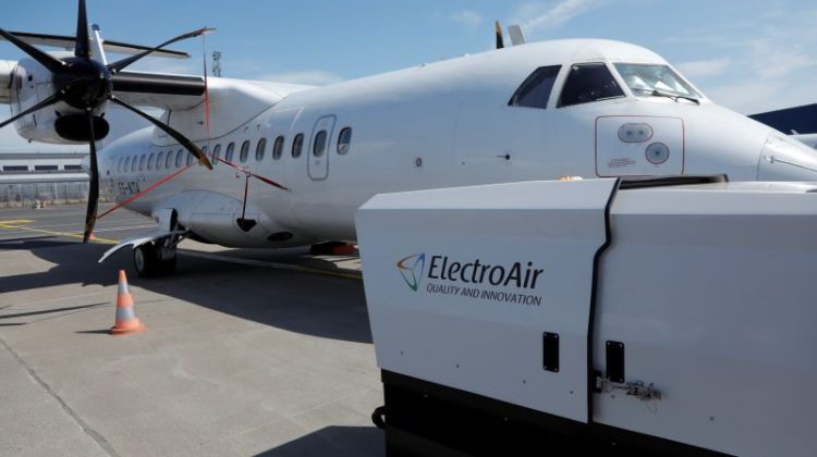 ElectroAir mobile ground power unit (GPU) supplying power to a regional aircraft as part of airport ground emissions reduction and sustainability initiatives.