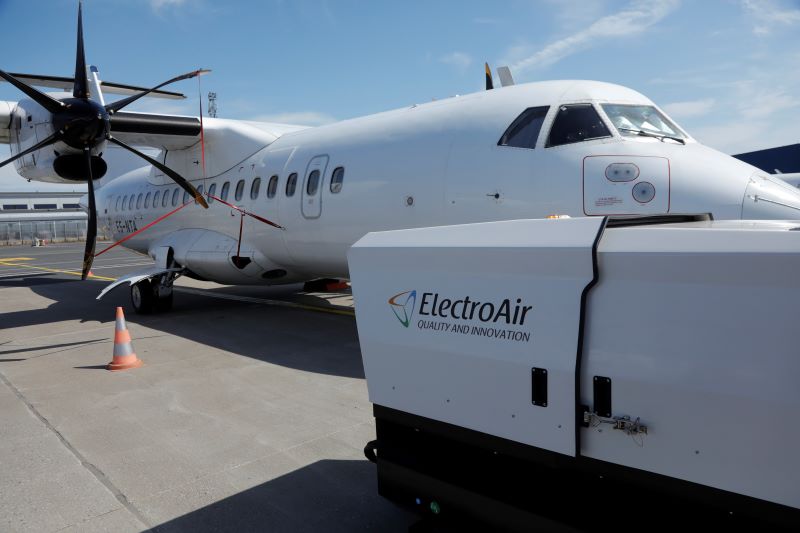 ElectroAir mobile ground power unit (GPU) supplying power to a regional aircraft as part of airport ground emissions reduction and sustainability initiatives.