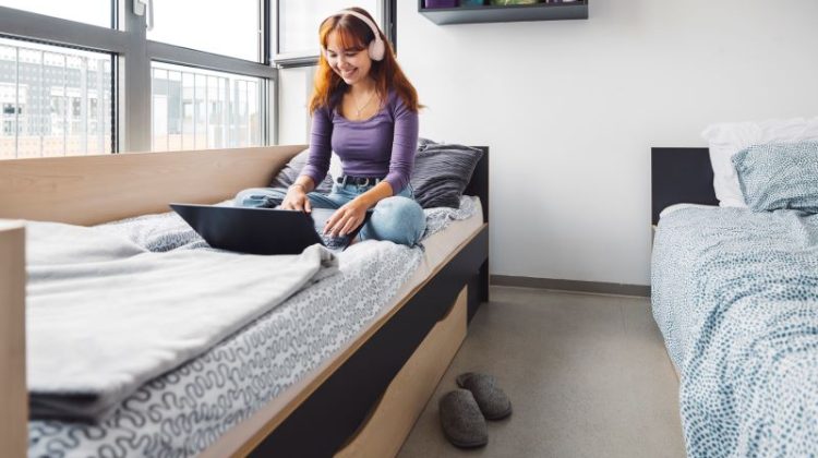 Students on campus, living away from home, studying, spending time with friends. Student dorm. Away