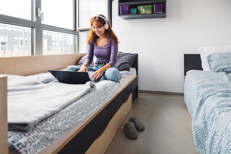 Students on campus, living away from home, studying, spending time with friends. Student dorm. Away