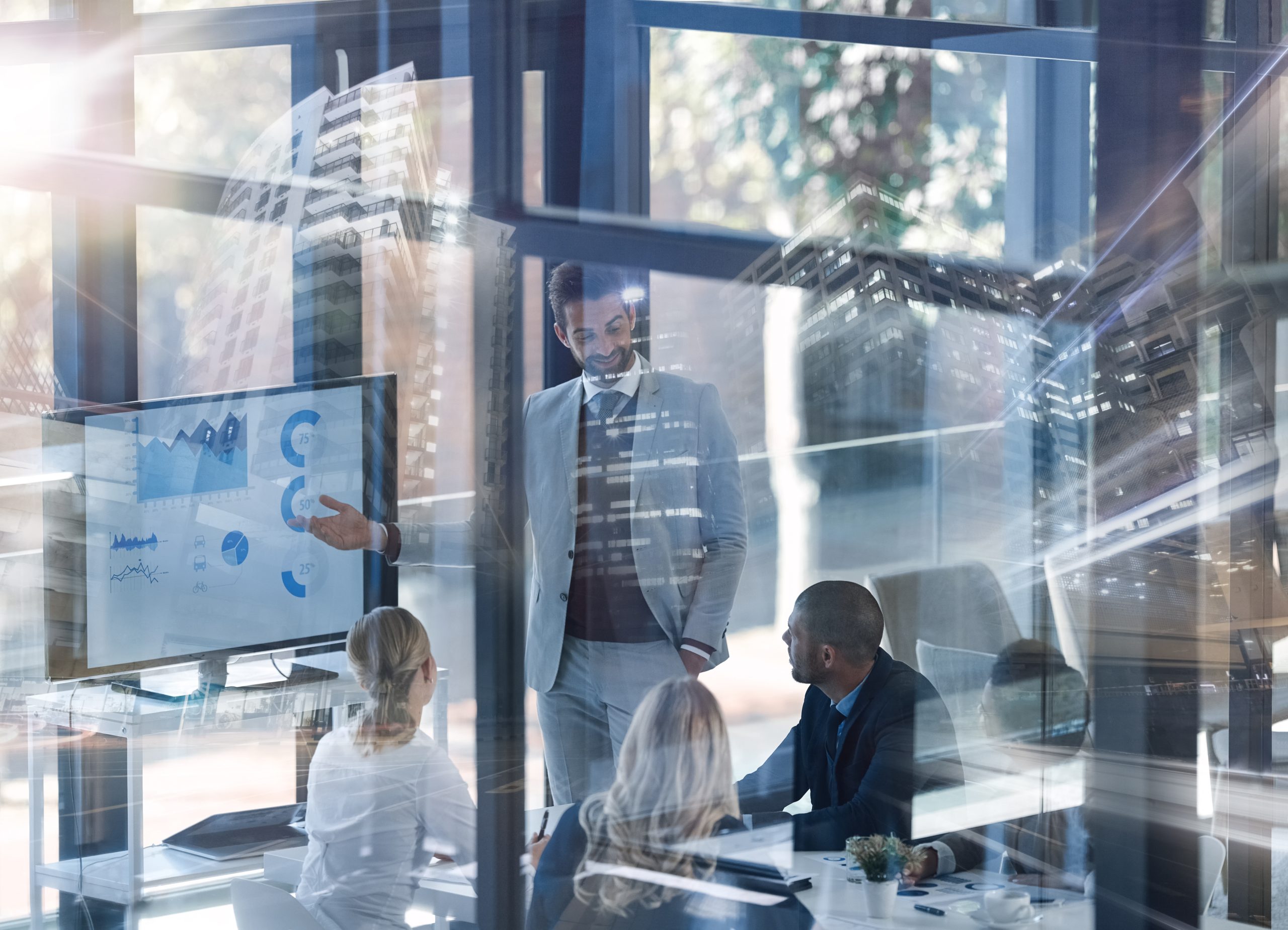 Business Professionals Meeting Analyzing Data in Conference Room
