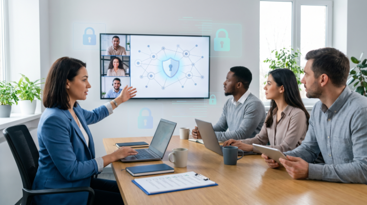 Small business IT team discussing enterprise VPN security and secure remote network access during a cybersecurity meeting