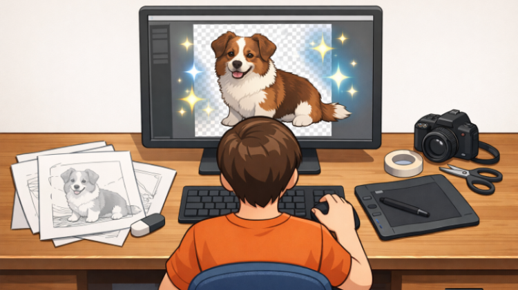 Person using AI-powered image editing software to remove the background from a dog photo on a computer, with a graphics tablet, camera, and design tools on a desk, illustrating AI-assisted creative workflows.