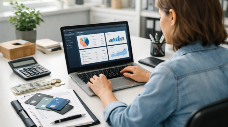 Small business owner reviewing digital banking dashboard with financial charts and analytics on a laptop, surrounded by cash, cards, and a calculator