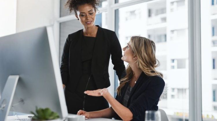 Two Women Discussing Project at Desk with Computer