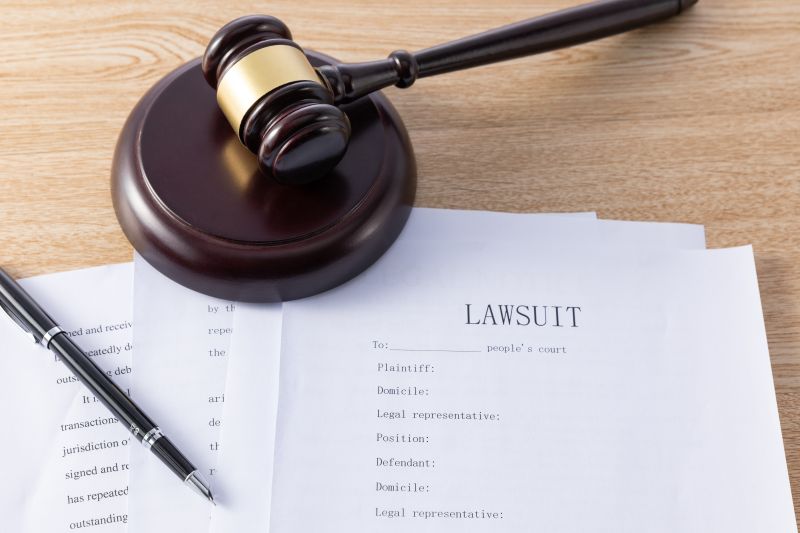Lawsuit Document with Gavel and Pen on Desk