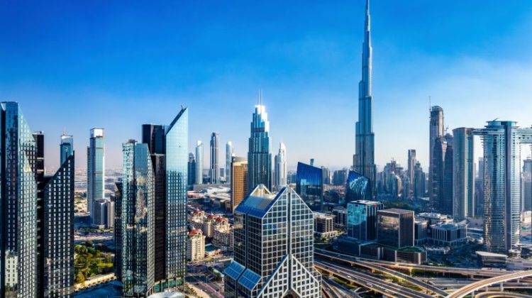 Burj Khalifa in Dubai downtown business skyscrapers highrise architecture.