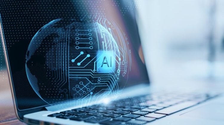 Close Up Of Laptop With Abstract Glowing Ai Sphere On Blurry Background. Artificial Intelligence
