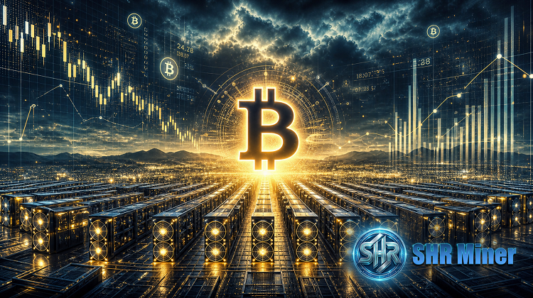 Promotional banner for SHR Miner cloud mining platform, featuring a large glowing Bitcoin symbol surrounded by financial charts and stock ticker data