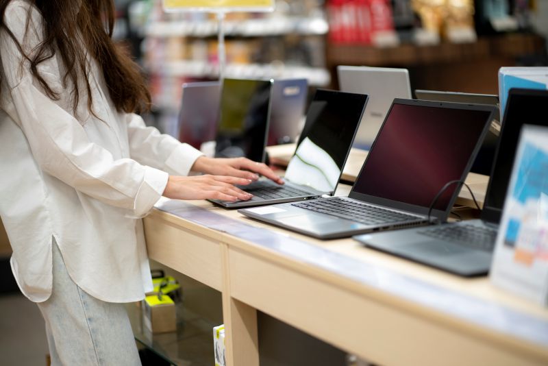 a client in a retail shop choosing a new laptop for studying and working
