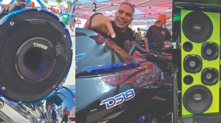DS18 premium audio speakers displayed on a motorcycle and at an outdoor car audio event.