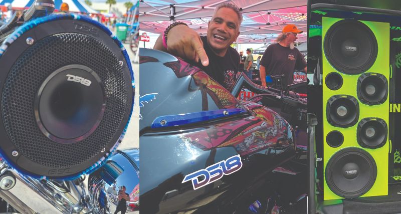 DS18 premium audio speakers displayed on a motorcycle and at an outdoor car audio event.