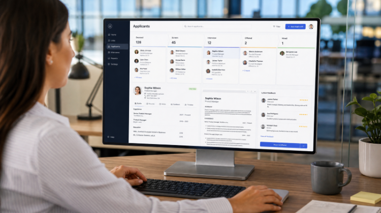 Modern HR recruitment process with a computer screen displaying applicant tracking software, candidate profiles, interview pipeline, resume previews, and a recruiter selecting the best candidate